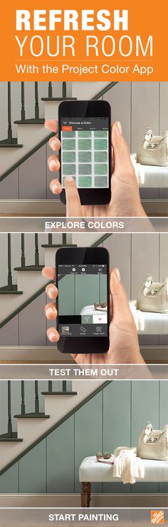 a person holding a cell phone in their hand and pointing to the screen with text that reads, refresh your room with the project color app