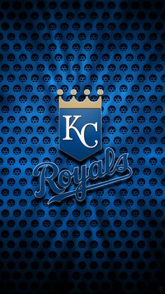 the kansas royals logo on a blue metal wallpaper with holes and rivets