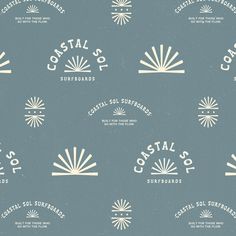 several logos for coastal souvenirs and surfboards on a blue wallpaper background