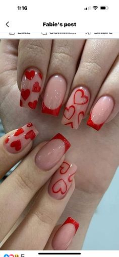 Nails With Red Heart, French Tip Fake Nails, Nails With Red, Nails Medium Length, Heart Nail Designs, Nails Yellow, Press On Nails Medium