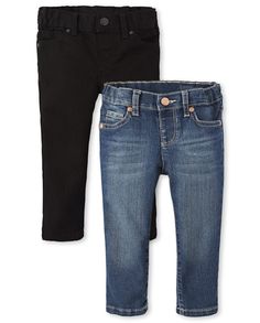 PRICES MAY VARY. This 2-pack comes in a comfy cotton blend with a little stretch for a feel that's all-day wearable Sleek, fitted silhouettes with 5-pocket styling, inner adjustable tabs, tagless labels and snap closure with no-zip fly Goes-with-anything jeans that can be dressed up or down, perfect for school, playdates and whatever else is on the calendar The Children's Place offers value-priced clothes and apparel that are fun and easy to put together They'll love this style…you'll love this Kids Denim Jeans, Boys Denim, Kids Denim, Baby And Toddler, Jeans Kids, Girls Black, Girls Denim