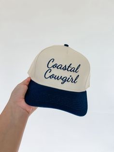 Coastal Cowgirl Embroidered Baseball Hat Adjustable Snapback Color: Cream & Navy Blue Trendy Blue Hats With Embroidered Logo, Blue Retro Hat With Embroidered Logo, Retro Blue Hat With Embroidered Logo, Retro Blue Hats With Embroidered Logo, Blue Flat Brim Hat With Letter Print, Navy Spring Cap, Embroidered Logo Cotton Hats, Adjustable Blue Trucker Hat With Embroidered Logo, Retro Cotton Hat