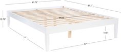 a bed frame with measurements for the mattress and headboard on each side, shown in white