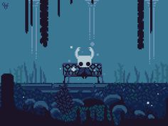 a pixel art scene with a cat sitting on a bench