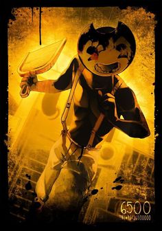 a cartoon character holding a knife and wearing a mask with the words bendy and the ink machine on it