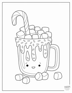 Kawaii hot chocolate with peppermint stick and marshmallows Cute Chibi Coloring Pages, Happy Coloring Pages, Procreate Kawaii, Kawaii Cats