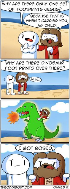 a comic strip with an image of a dinosaur and other cartoon characters