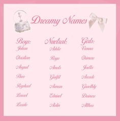 a baby girl name chart with the names of its babies in pink and white colors