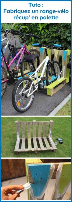 several different pictures of bicycles and benches in various colors, with text overlaying them