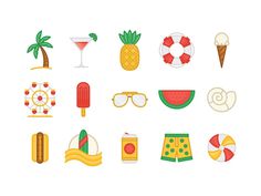 an assortment of beach related items on a white background