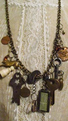 Found Object Jewelry, Horn Pendant Necklace, Junk Jewelry, Mixed Media Jewelry, Key Jewelry, Horn Pendant, Rings Necklace, Repurposed Jewelry, Assemblage Jewelry