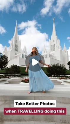 a woman standing in front of a castle with the words take better photos when traveling doing this