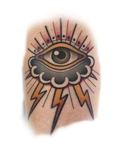 an all seeing eye tattoo with lightning bolt and sunburst on the upper arm