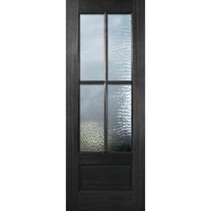 a black door with frosted glass on it