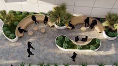 an aerial view of people walking and sitting on benches in a courtyard with palm trees