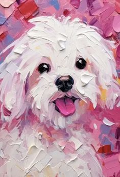 a painting of a white dog with pink background