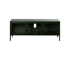 an entertainment center with two doors and three shelves on one side, black finish to the other