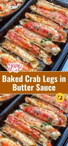 baked crab legs in butter sauce with text overlay