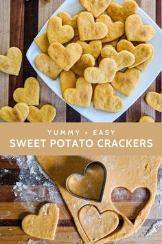 homemade sweet potato crackers with heart shaped cutouts on top and in the middle