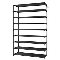 a black shelving unit with five shelves on one side and four shelves on the other