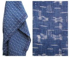 the fabric is blue and white with small squares on it, as well as an image of