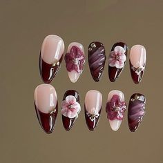 Plum Purple Nails Designs, Fiona Apple Nails, Winter Floral Nails, Botanical Nails, Intricate Nail Designs, Lily Nails, Hand Painted Nails, Plum Nails, Nails Gel Nails