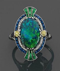 Edwardian Black Opal Ring! ‪#‎Rings‬ ‪#‎Opal‬ ‪#‎Jewelry‬ Diamond And Sapphire Ring, Opal And Diamond Ring, Black Opal Ring, Green Stones, Ink Drawings, Deco Jewelry