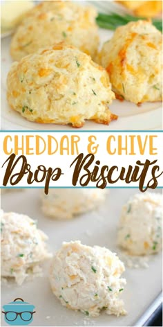 cheddar and chive drop biscuits on a baking sheet with text overlay