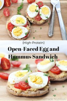 an open faced egg and hummus sandwich on a wooden cutting board with some tomatoes