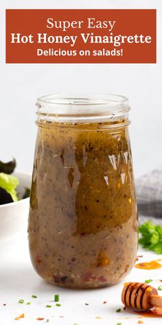 This Hot Honey Dressing is a deliciously simple recipe you can make in 5 minutes. With ingredients like honey, mustard, olive oil, and red pepper flakes, it’s perfect for adding a sweet and spicy touch to your favorite dishes. Drizzle it on salads, pasta salads, or use it as a veggie dip. Hot Honey Salad Dressing, Honey Salad Dressing Recipe, Honey Salad, Honey Balsamic Dressing, Honey Dressing