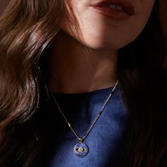 Go about your day with confidence when you’re wearing the protection of the evil eye. This powerful charm is set on a genuine Sodalite stone pendant with a crystal-centered evil eye symbol. Crafted with an adjustable bar chain necklace, this piece is perfect for layering. Bar chain length: 18", adjusts to 16" Finishes: Shiny Gold Nickel-free Adorned with a Clear crystal & genuine Sodalite gemstones; colors may vary due to natural makeup of the gemstones Evil Eye Symbol, Jewelry Style Guide, Necklace Evil Eye, Evil Eye Necklace Gold, Glam Gifts, Eye Symbol, The Evil Eye, Charm Rings, Evil Eye Necklace