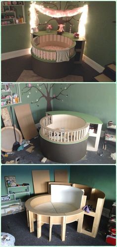 there are three pictures of the inside of a baby's room with furniture in it