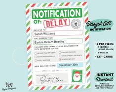 a green and red striped christmas gift certificate with the words notification of delay on it