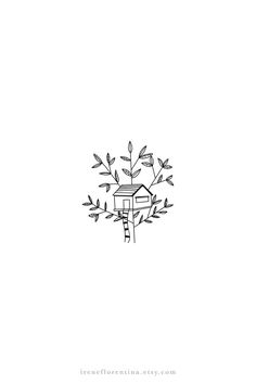 a black and white drawing of a tree house on top of a branch with leaves