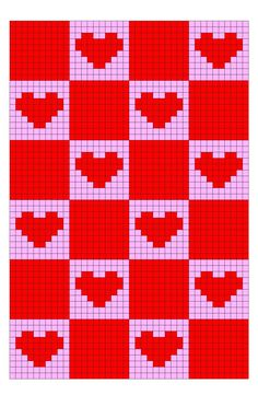 a red and white cross stitch pattern with hearts on the squares in different sizes,