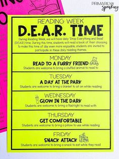 two pink and yellow signs with black writing on them that read reading week, dear time