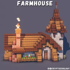 a house made out of wood and bricks with the words farmhouse on it's side