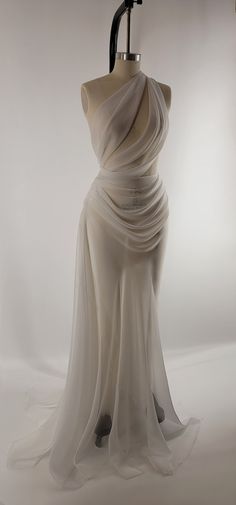 PRE-ORDER Handmade Draped off White Chiffon Sheer Mesh Wedding Reception Gown Dress Bridal - Etsy Couture Chiffon Dress, Flamboyant Wedding Dress, Angelic Dress Goddesses, White Couture Fashion, White Draped Evening Dress For Gala, Pre-draped Organza Evening Dress For Wedding, White Pre-draped Draped Evening Dress, Wedding Evening Dress With Draped Sweep Train, Draped Evening Dress With Sweep Train For Wedding