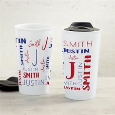 two travel mugs with different names on them