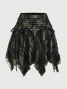 Women's Patchwork Lace Asymmetric Hem Skirt Army Green Casual   Lace All Over Print Asymmetrical Medium Stretch  Women Clothing, size features are:Bust: ,Length: ,Sleeve Length: Mall Goth Skirt, Halloween Fashion Outfits, Goth Skirts, Goth Skirt, Fairy Skirt, Lace Cami Top, Hem Skirt, Halloween Fashion