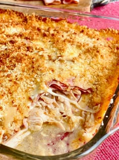 a casserole dish filled with meat and cheese