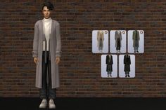 a man standing in front of a brick wall next to four different pieces of clothing