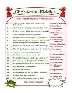 christmas riddles for adults and children to use in the holiday themed game, which includes answers