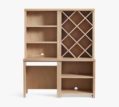 a wooden bookcase with three shelves on each side and one shelf open to show wine bottles