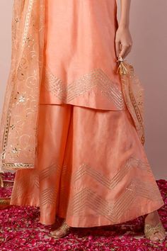 Peach ombre kurta with gota embroidery in chevron pattern. Paired with sharara and floral jaal embroidered dupatta. - Aza Fashions Kurta And Sharara, Gota Embroidery, Kurta Sharara Set, Kurta Sharara, Embroidered Dupatta, Sharara Set, Silk Embroidery, Chevron Pattern, Set For Women