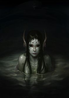 a woman in the water with horns on her head and white paint on her face