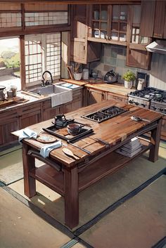 a kitchen with an island made out of wood