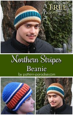 three photos of the same hat with different colors and stripes on it, including one for men's hats