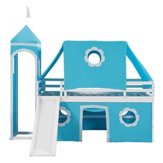 a blue and white play set with a slide in front of it, on a white background