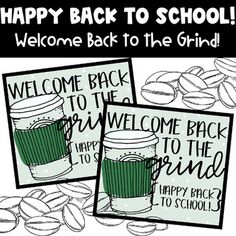 two welcome back to the school cards with coffee cups and peanuts on them, in black and white